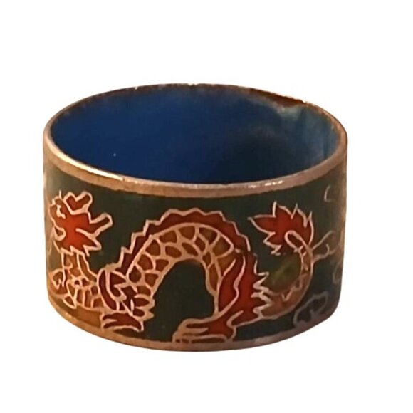 Vintage Cloisonné Enamel Dragon Ring 7.5 Multi Japan Art Jewelry Red Green Meiji - Picture 2 of 7